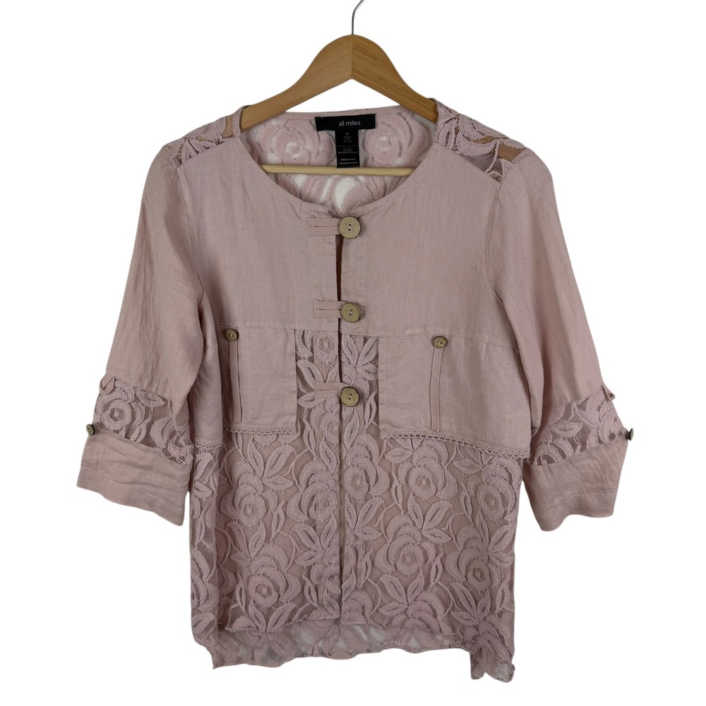 Ali Miles Pink Linen Lace Trim Button Front Jacket Blouse Sz XS Cottage Coquette